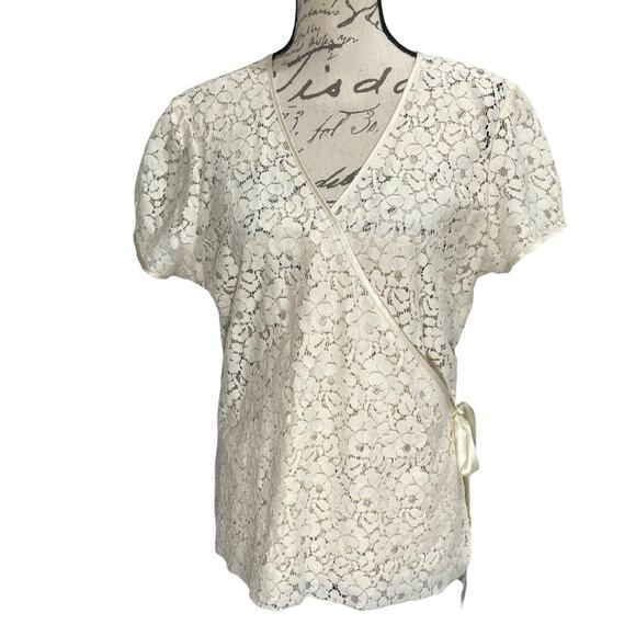 Vintage 00s Y2K Old Navy Women’s Cream Lace Wrap Blouse Cap Sleeve - Medium - Picture 1 of 16